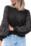 Black Lace Crochet Hollow Out Lantern Sleeve Blouse