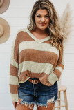 Brown Colorblock V Neck Pullover Knit Sweater