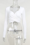 White Tie Knot Pleated Long Sleeves Crop Top