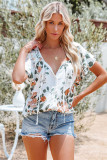 White Floral Print Buttons Tiered Ruffled Shot Sleeve Shirt