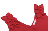 Red Solid V Neck Ruffled Shoulder Tank Top