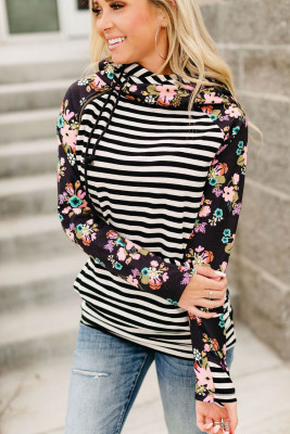 Black Striped Floral Print Long Sleeve Zipper Hoodie