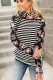 Black Striped Floral Print Long Sleeve Zipper Hoodie