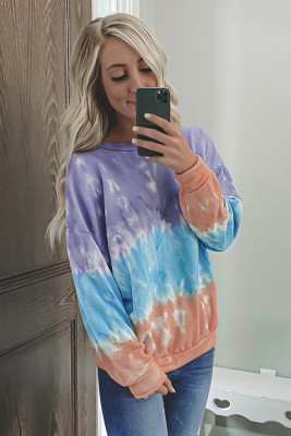 Purple Color Block Tie-dye Crew Neck Sweatshirt