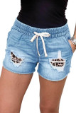 Distressed Leopard Patchwork Denim Shorts