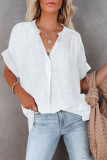 White Plaid Print Loose V Neck Short Sleeve Shirt with Slits