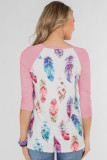 Pink Feather Print 3/4 Raglan Sleeve Top