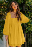 Yellow Square Neck Puff Sleeve Babydoll Style Short Dress