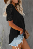 Black V Neck Eyelet Short Sleeve Pleated Blouse