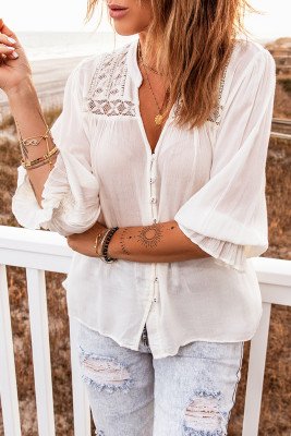 White Bohemian Puff Sleeve Crochet Detail Buttons Blouse
