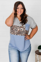 Sky Blue Color Block Splicing Striped Leopard Plus Size Tee