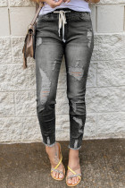Gray Drawstring Elastic Waist Hole Ripped Jeans