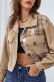 Plaid Corduroy Splicing Buttons Up Pocketed Shacket Crop Jacket Women UNISHE Wholesale