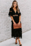 Black Swiss Dot Print See-through Lace Patch Layered Long Dress
