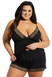 Black Plus Size Knit Lace Trim Lingerie Short Set