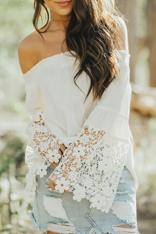 White Off Shoulder Crochet Hem Top