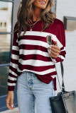 Red Striped Print Pocketed Long Sleeve Top with Slits