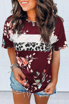 Red Leopard Striped Floral T Shirt