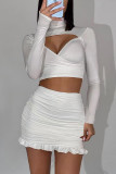 White Hollow Out Pleated Smocked Two Pieces Set