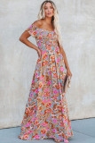 Sky Blue Floral Print Shirred Side Slit Off Shoulder Maxi Dress
