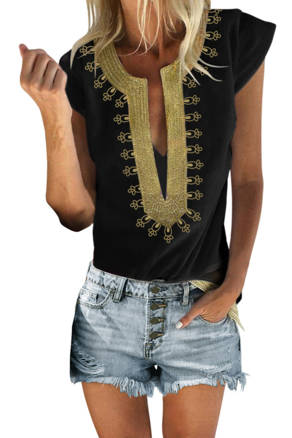 Black Short Sleeve Printed Neck Shift Blouse