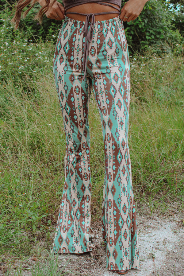 Sky Blue High Waist Tribal Pattern Bell Pants