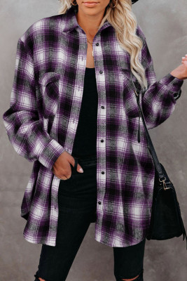 Purple Buttons Pocketed Plaid Shacket