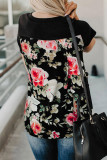 Black Women's Casual Floral Printed Splicing Pullover Pocket T-shirt