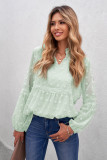 Green Ruffled Split Neck Lace Hollow Out Puff Sleeve Polka Dot Blouse