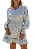 Sky Blue Split Sleeves Smocked Waist Leopard Satin Dress