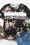Black Leopard Striped Floral T Shirt