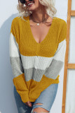V Neck Color Block Cable Knit Sweaters