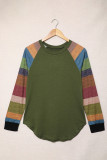Color Block Long Sleeves Green Pullover Top