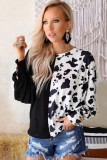 Black Cow Patchwork Waffle Knit Long Sleeve Top