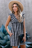 Black Plaid Ruffle V Neck Pocketed Babydoll Mini Dress