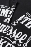 Black Split Neck Letter Print Pullover Long Sleeve Top