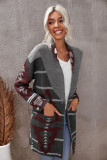 Gray Lapel Collar Geometric Print Knit Cardigan