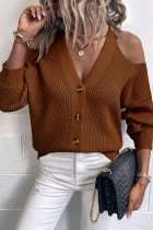 V Neck Cold Shoulder Open Button Knit Cardigans