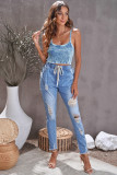 Sky Blue Drawstring Elastic Waist Hole Ripped Jeans
