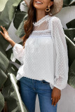White Frill Neck Swiss Dot Puff Sleeve Blouse