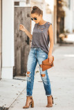 Gray Broken Hole Detail Sleeveless Crew Neck Tank Top