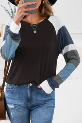 Color Block Long Sleeves Black Pullover Top