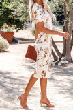 V Neck Smocked Pleated Slim Foral Dress