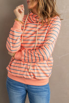 Orange Striped Turtleneck Hoodie with Pocket