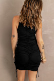 Black Ribbed Drawstring Ruched Mini Dress with Slit