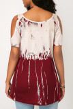 Red Gradient Cold Shoulder Short Sleele Loose Tops