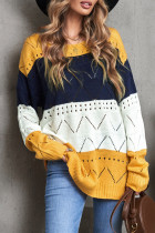 Yellow Round Neck Side Slit Pointelle Color Block Sweater