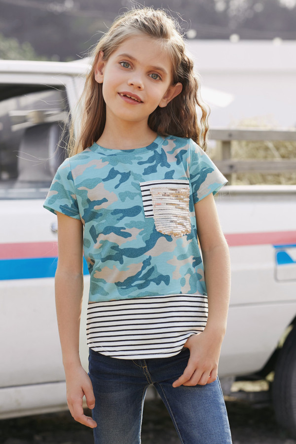 Green Camo Print Splicing Stripes Girls’ T-shirt
