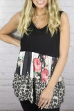 Leopard Floral Color Block V Neck Tank Top