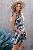 Black Plaid Ruffle V Neck Pocketed Babydoll Mini Dress